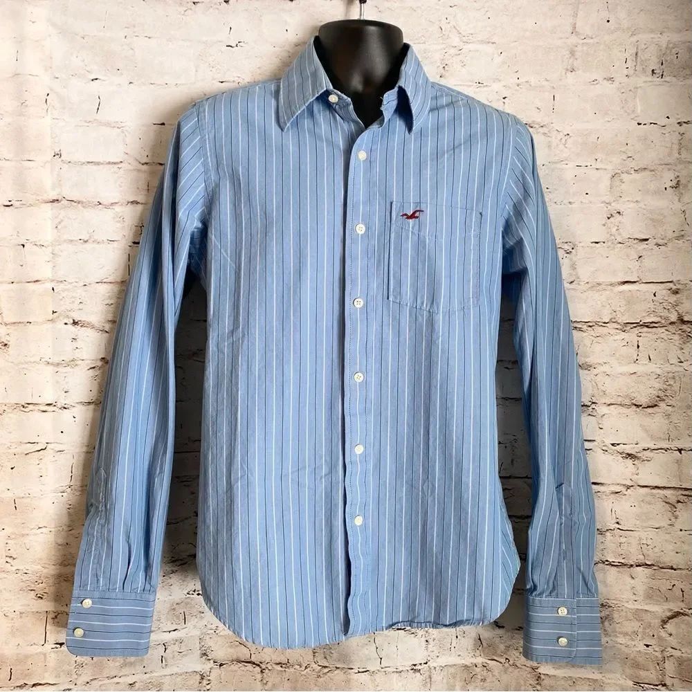 Hollister Long Sleeve Button Down Shirt Blue White Stripe Size Medium Y2K 90’s